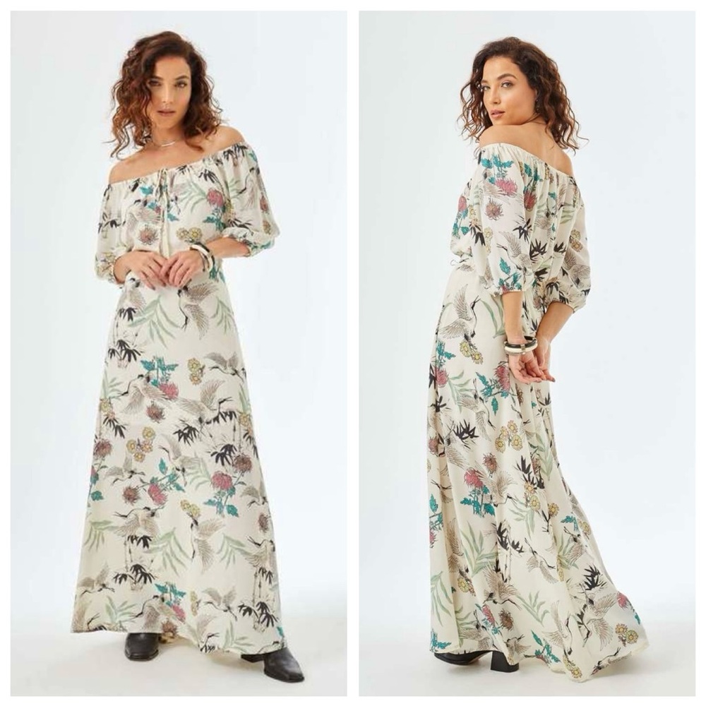 Zinzane Stork & Floral Cream Off Shoulder Maxi Dress Med boho Cottagecore flirt